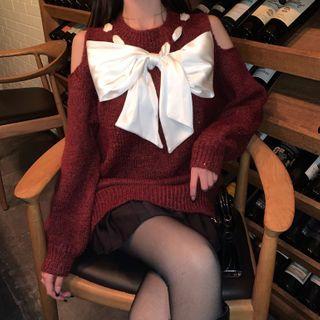 Cold-shoulder Bow Sweater Dark Red - One Size