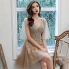 V-neck Mesh Mini A-line Dress