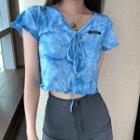 Short-sleeve V-neck Tie-dyed Cropped Top Blue - One Size