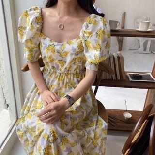 Puff-sleeve Drawstring Cutout Floral Dress