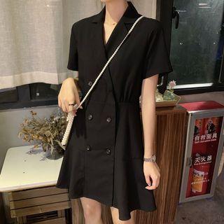 Collared Double-breasted Short-sleeve A-line Dress