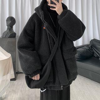 Faux Shearling Plain Hooded Coat