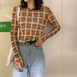 Flower-print Mesh Top As Figure - One Size