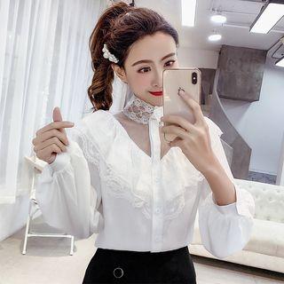 Lantern-sleeve Lace Panel Blouse