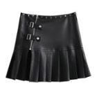 Faux Leather Pleated Slit Skirt