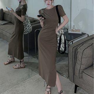 Short-sleeve Drawstring Side-slit Midi T-shirt Dress