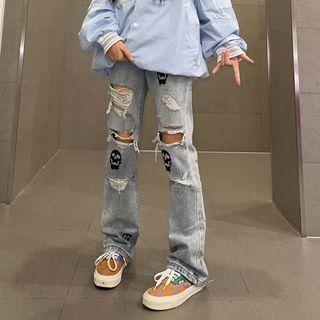 Skull Print Distressed Straight Leg Jeans
