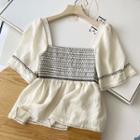 Short-sleeve Square-neck Color Block Embroidered Shirt