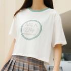 Elbow-sleeve Contrast Trim Letter T-shirt Off-white - One Size