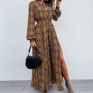 Plaid Slit Maxi A-line Dress