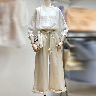 Set: 3/4-sleeve Shirt + Wide-leg Pants