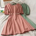 Adjustable-waist Puff-sleeve Mini Dress