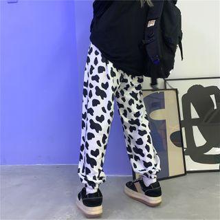 Gather-cuff Cow-print Straight-cut Pants