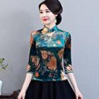 Floral 3/4-sleeve Qipao Top / Maxi A-line Skirt / Set