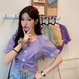 Puff-sleeve Checked Drawcord Crop Top