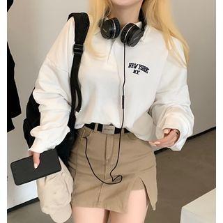 Long-sleeve Printed Sweatshirt / Plain Mini Skirt