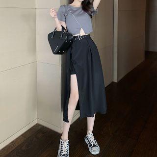 Short-sleeve Slit-hem Crop Top / Buckled Slit Midi A-line Skirt
