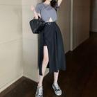 Short-sleeve Slit-hem Crop Top / Buckled Slit Midi A-line Skirt