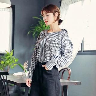 Long-sleeve Asymmetric-buttoned Check Shirt