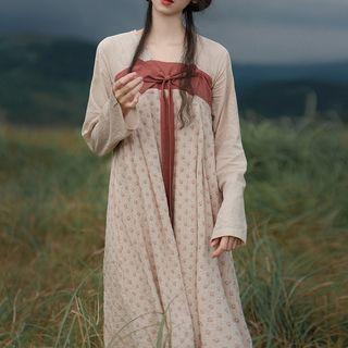 Long-sleeve Bow Accent Floral Midi Smock Dress