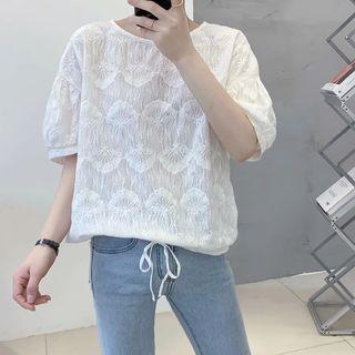 Elbow-sleeve Embroidered Blouse White - One Size