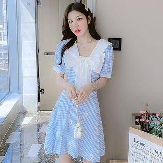 Short-sleeve Ribbon Gingham Mini A-line Dress