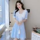 Short-sleeve Ribbon Gingham Mini A-line Dress