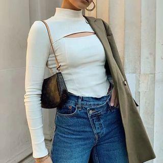 Long Sleeve Turtle Neck Cut Out Top