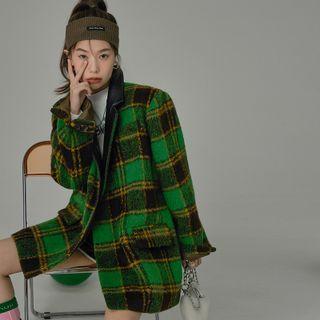 [no One Else] Pleather-lapel Plaid Coat Green - One Size