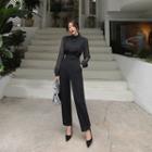 Chiffon-sleeve Belted Jumpsuit