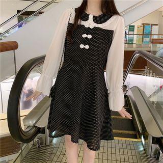 Flared-cuff Dotted Frog Button A-line Dress Black - One Size