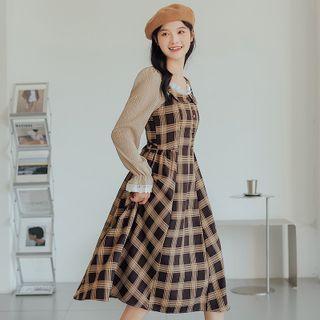 Set: Plaid Midi Overall Dress + Blouse