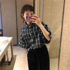Elbow-sleeve Plaid Crop Blouse Bluish Green - One Size
