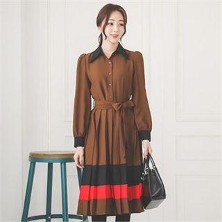 Contrast-trim Shirtdress With Sash