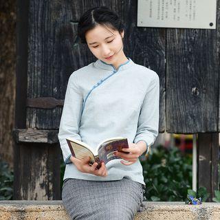 Mandarin Collar Striped 3/4-sleeve Top