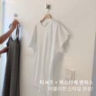 Set: Round-neck Plain T-shirt + Spaghetti-strap Checked Dress