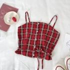 Color-block Plaid Lace-up Sleeveless Top Red - One Size