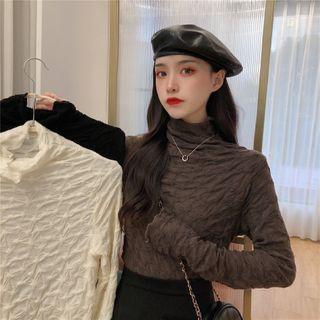 Long-sleeve Turtle Neck Crinkled T-shirt