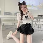Puff-sleeve Sailor Collar Blouse / Mini A-line Skirt