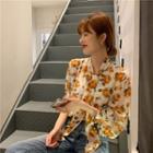 Long-sleeve Floral Print Tie-neck Chiffon Blouse As Shown In Figure - One Size