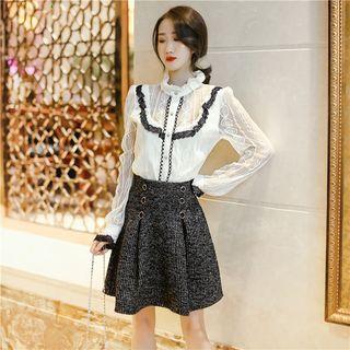 Set: Stand Collar Long-sleeve Lace Top + Mini A-line Skirt