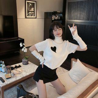 Turtleneck Heart Print Knit Top With Arm Sleeves