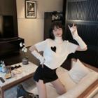 Turtleneck Heart Print Knit Top With Arm Sleeves