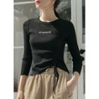 Drawstring Long-sleeve Knit Top Black - One Size