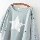 Star Print Ripped 3/4 Sleeve T-shirt