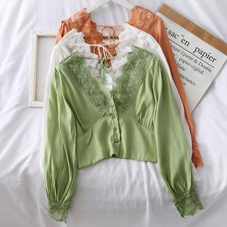 Lace-trim Cropped V-neck Shirt