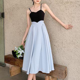 Spaghetti-strap Two-tone Midi A-line Dress
