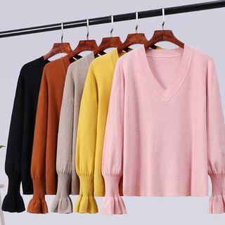Bell Sleeve V Neck Knitted Top