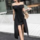 Short-sleeve Cold Shoulder A-line Midi Party Dress