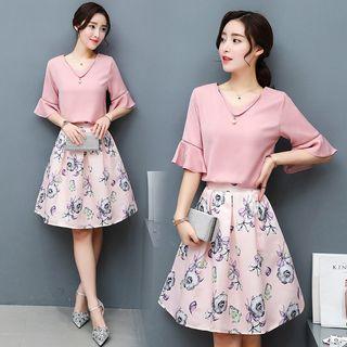 Set: Bell-sleeve Top + Floral A-line Skirt